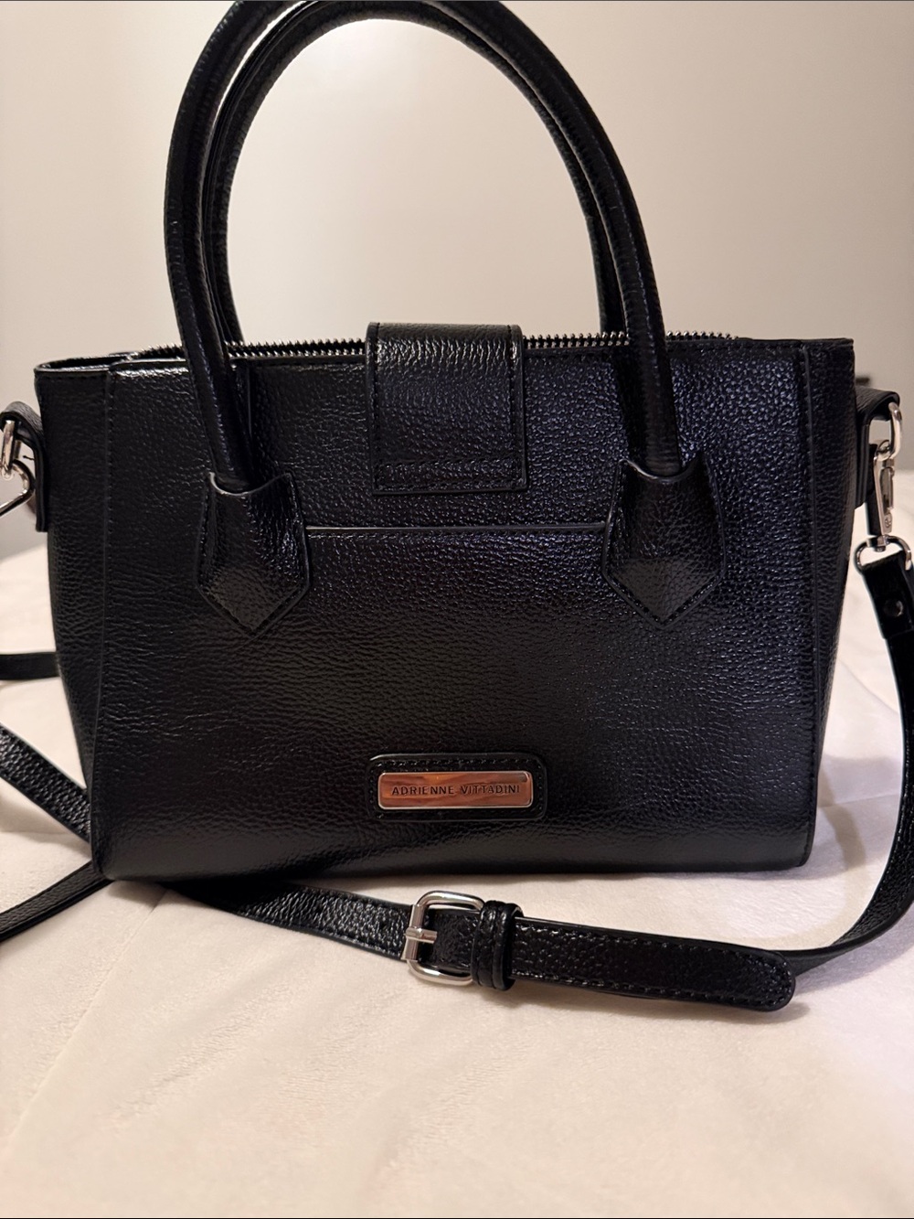Adrienne Vittadini Black Pebbled Leather Satchel with Shoulder Strap